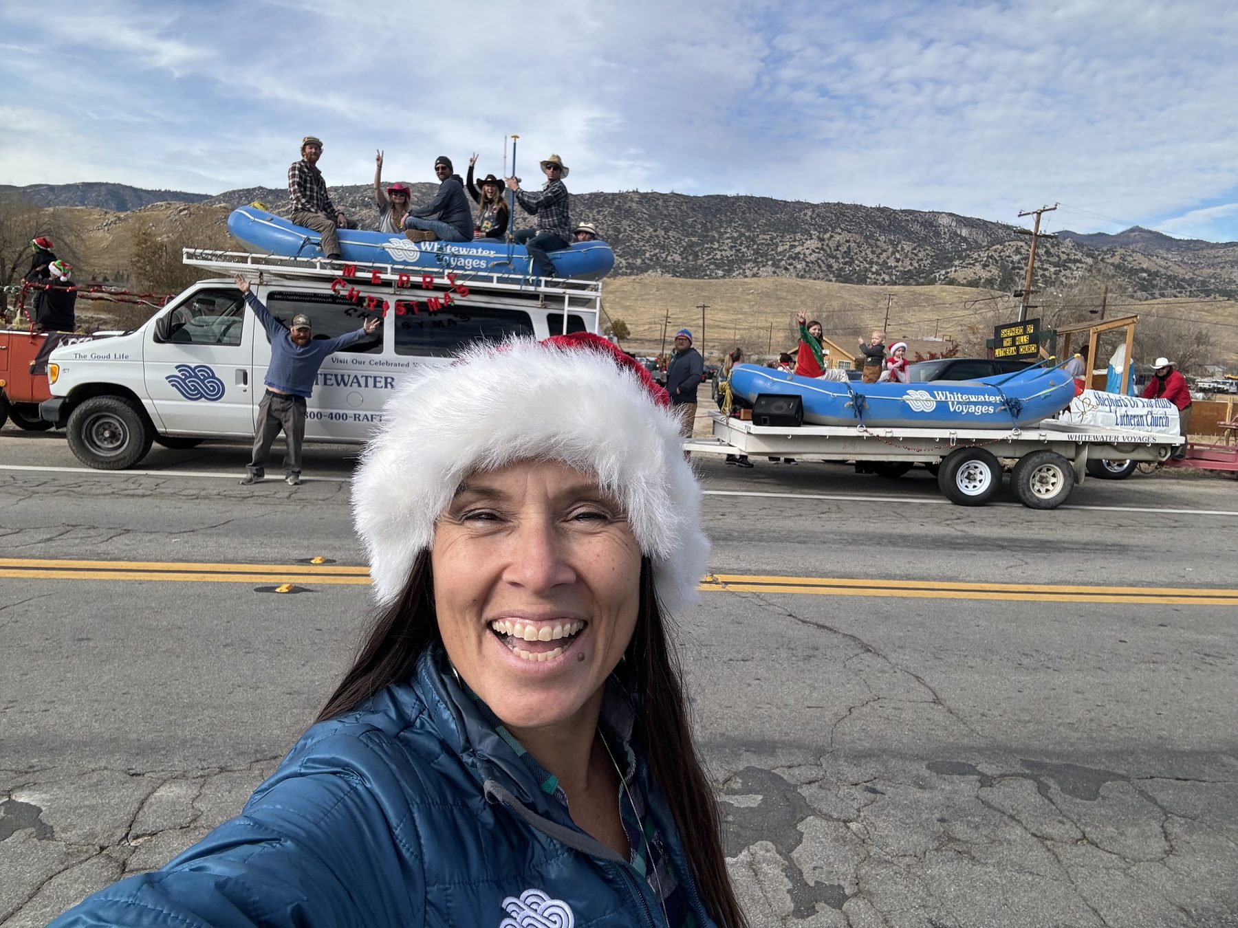 Whitewater Voyages rafts on a trailer, ready to launch on the Kern River